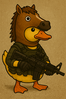 アヒル,馬のかぶり物,ミリタリー,銃,動物キャラクター