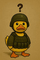 アヒル,ヘルメット,軍服,防弾チョッキ,動物キャラクター,疑問符