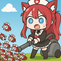 アニメ風,看護師,猫耳,赤髪,女の子,掃除機,ギャグ,ちびキャラ,虫退治