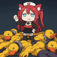 看護師,猫耳,赤髪,アニメキャラクター,女の子,マッスルダック,ギャグ,勝利ポーズ,動物着ぐるみ,ゲーム風