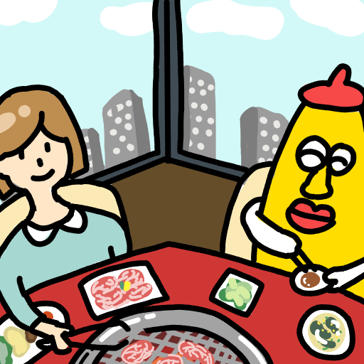 イラスト,食事,焼肉,女性,キャラクター,都会,テーブル,窓,昼食