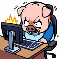 豚,パソコン,怒り,デスク,動物キャラクター,椅子,漫画風