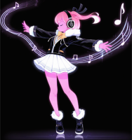 キャラクター,音楽,ヘッドフォン,ピンクの髪,ミュージカルノート,スカート,ダンス,アニメスタイル,ファッション
