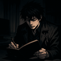 男性,黒髪,ノート,ペン,書く,落ち着いた雰囲気,暗い部屋,黒い服