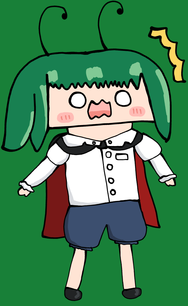 キャラクター,緑髪,ショートパンツ,驚き,アニメ風,シンプル,マント