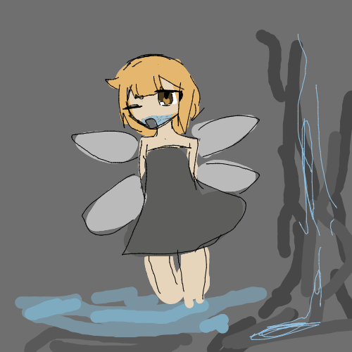 妖精,女の子,ウィンク,金髪,ドレス,水,羽,イラスト,オリジナル,灰色背景